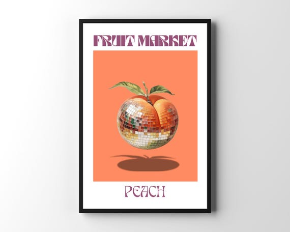 Retro Peach Disco Ball Poster, Funky Boho Decor