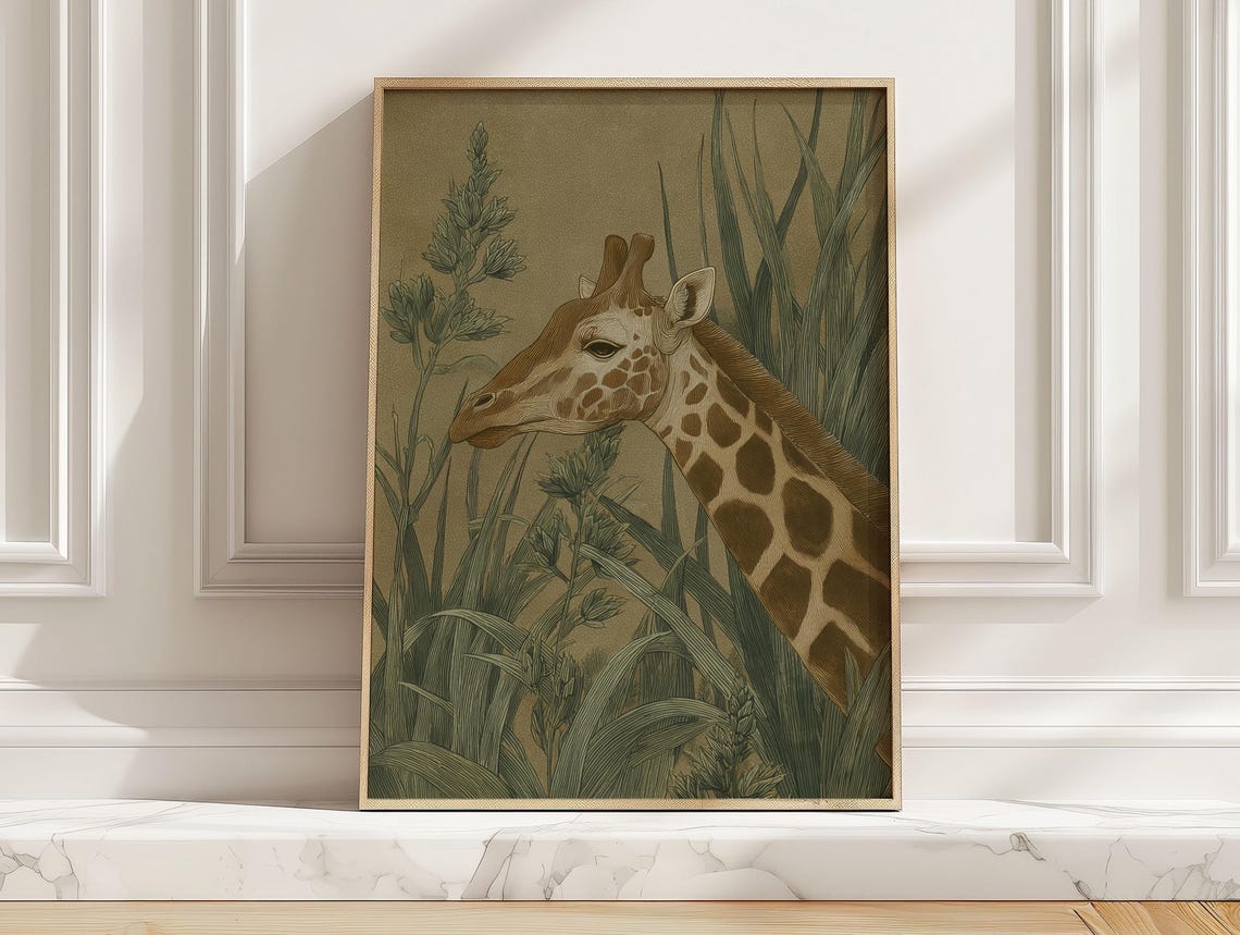 Boho Giraffe Head Tropical Foliage Earthy Green Vintage Poster