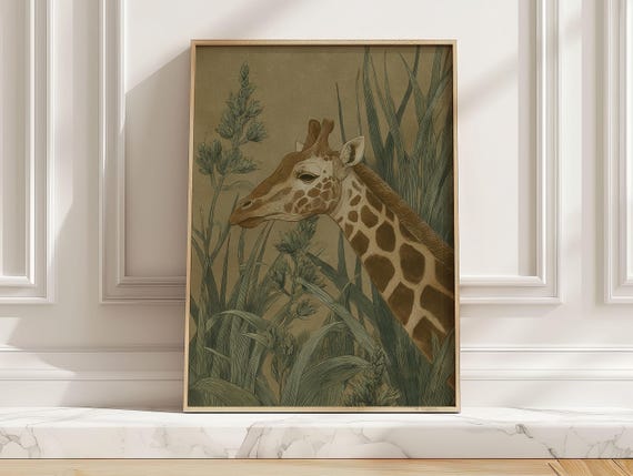 Boho Vintage Giraffe Art Print Japenese Style Earthy Green Safari Nursery For Living Room