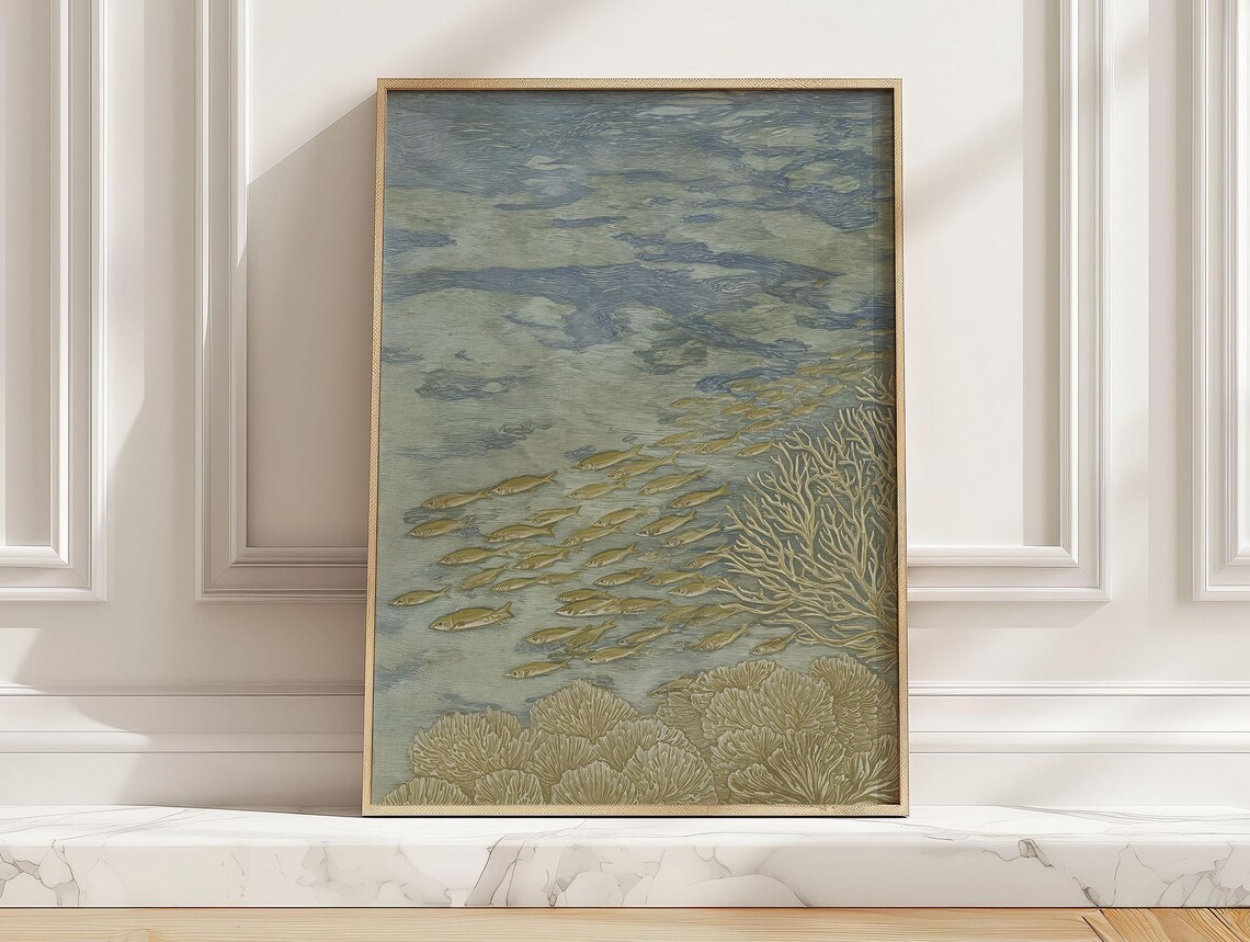 Golden Fish School Coral Reef Japanese Underwater Art Poster