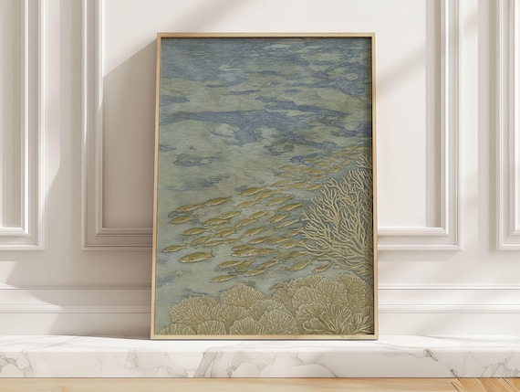 Golden Fish School Coral Reef Japanese Underwater Art Poster