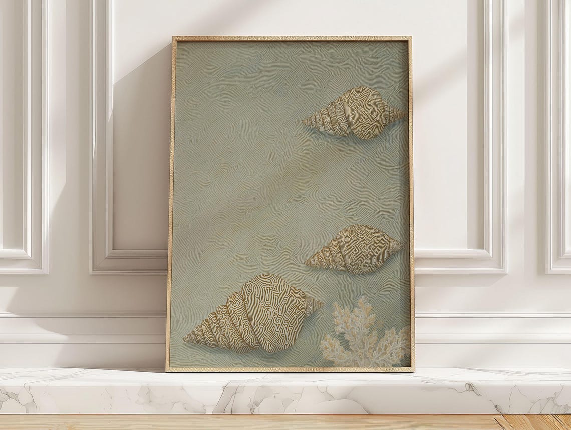 Minimalist Conch Shell Line Art Print Neutral Modern Seashell Poster Light Blue Beach House Wall