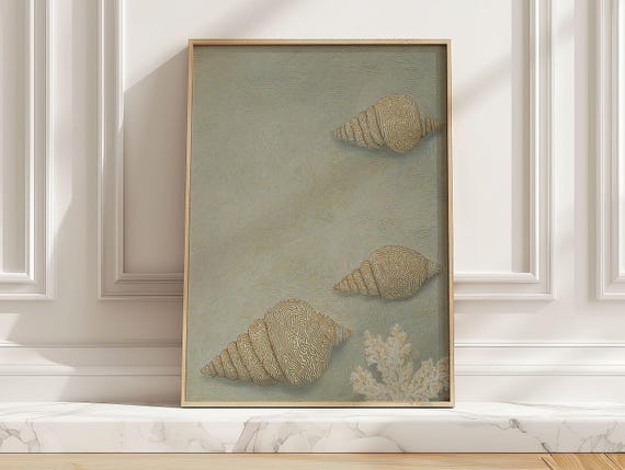 Minimalist Conch Shell Line Art Print Neutral Modern Seashell Poster Light Blue Beach House Wall