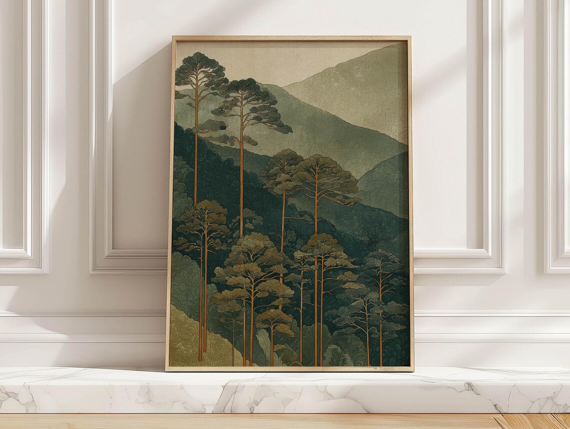 Vintage Japanese Forest Art Print, Japandi Nature