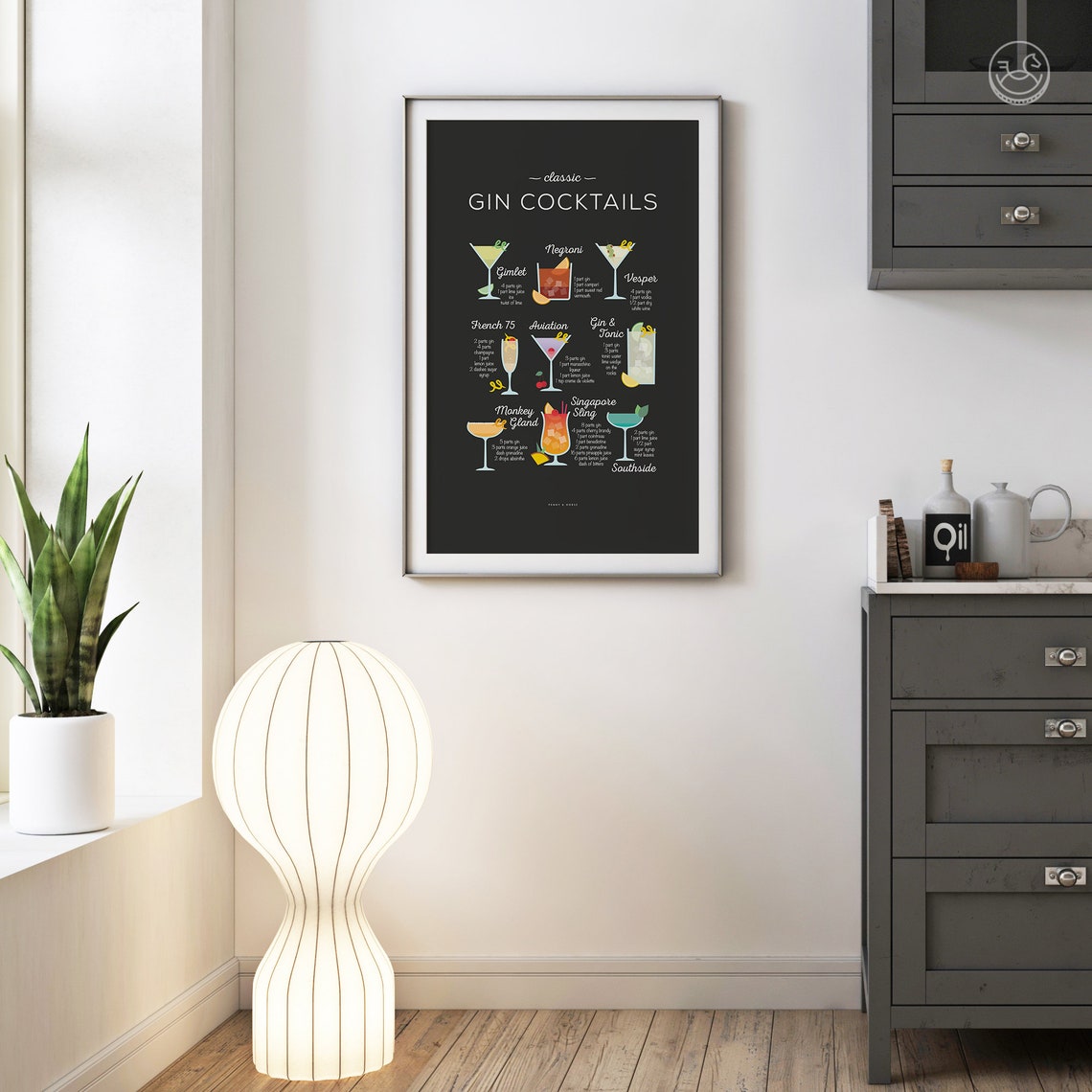 Classic Gin Cocktails Illustrated Recipe Chart Black Bar Wall Poster - Image 4