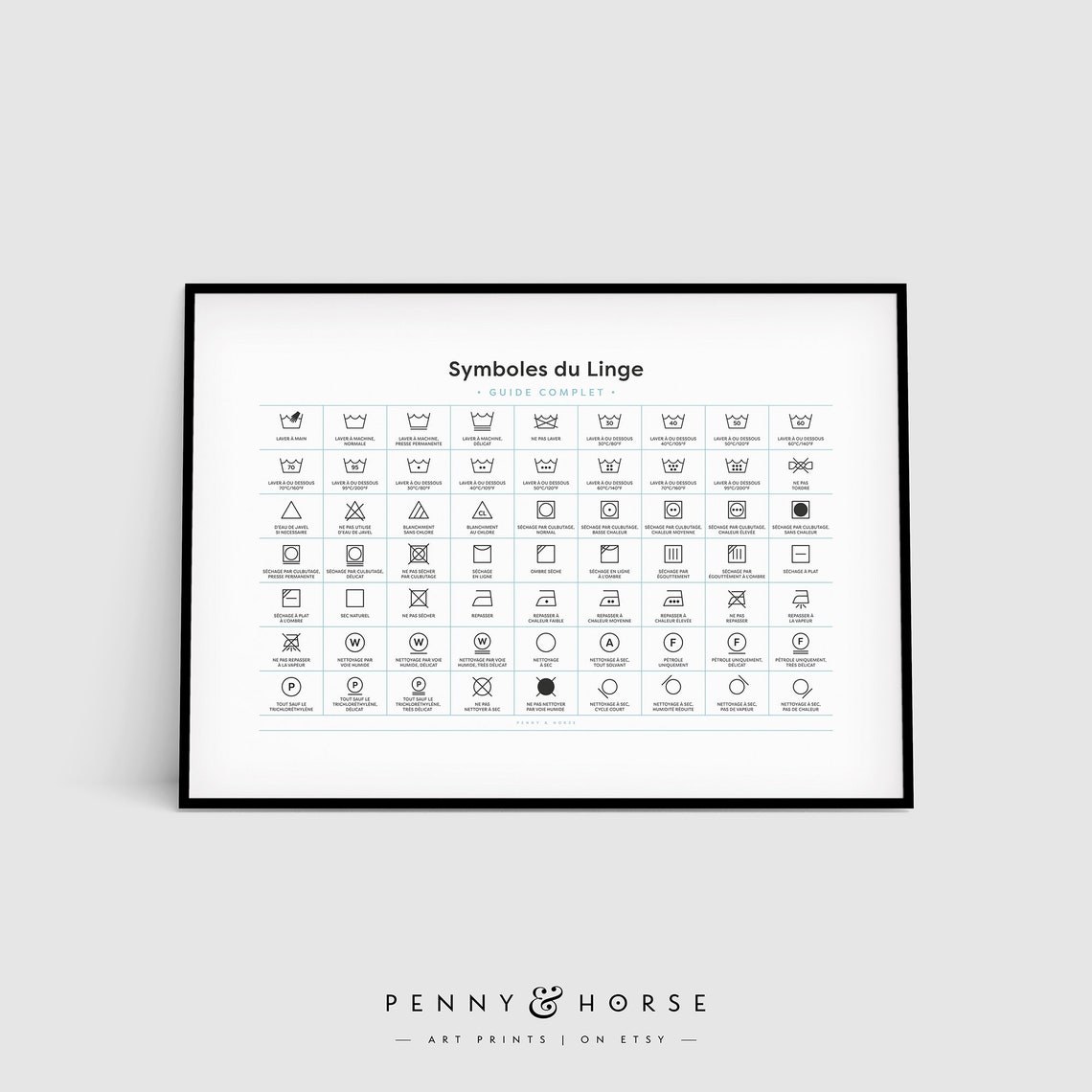 French Laundry Symbols Complete Guide Black Frame Laundry Wall Poster