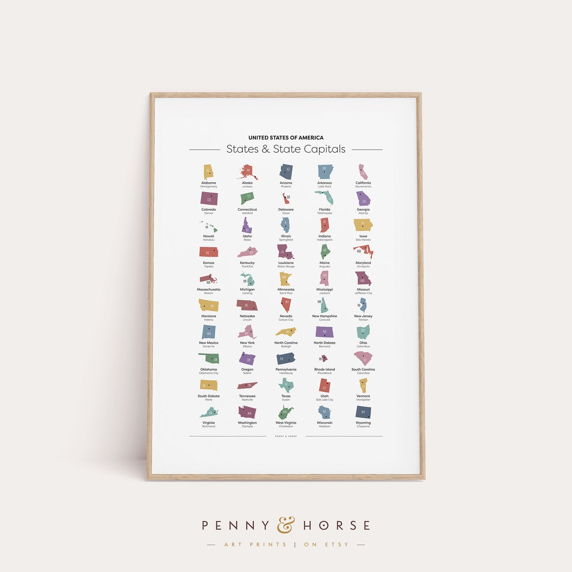 United States Map States and Capitals Colorful Chart Art Poster