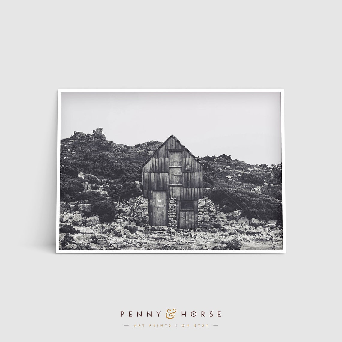 Black and White Mountain Stone Hut Landscape Photography Poster - Image 4