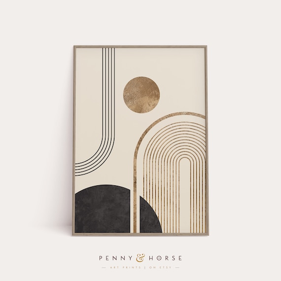 Gold Geometric Boho Wall Art Muted Abstract Print Neutral Home Decor Beige Black Gold Nordic Print Modern Art