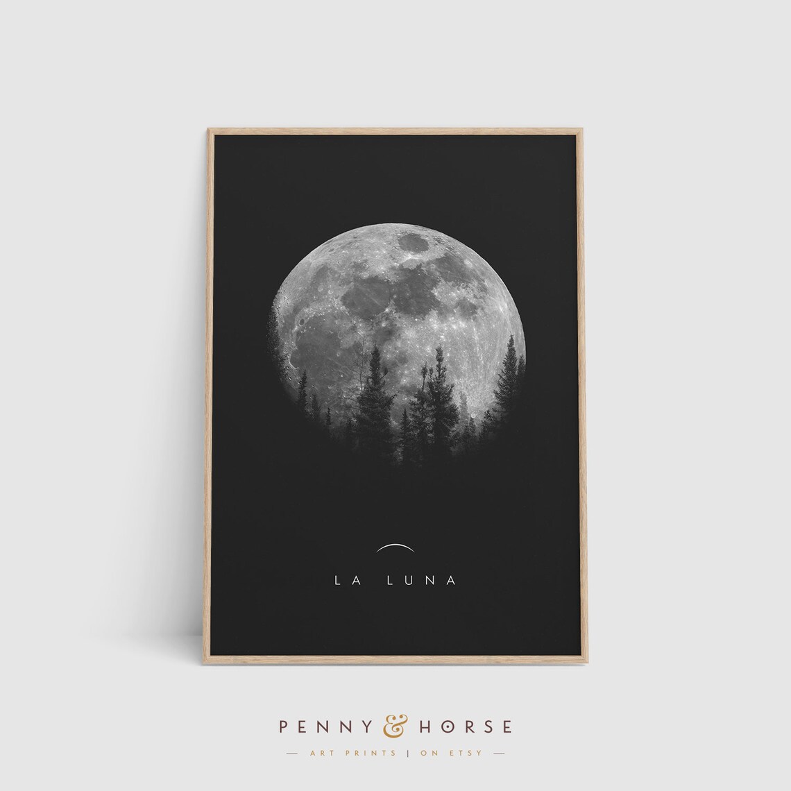 La Luna Full Moon Over Pine Forest Black and White Minimalist Art Poster - Image 4