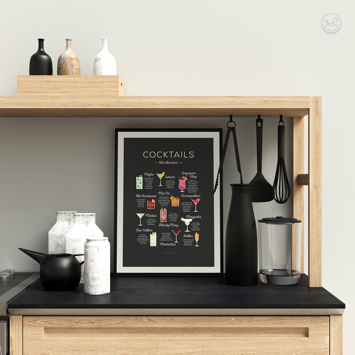 Classic Cocktails Recipe Chart Poster Twelve Recipes Black and Gold Art - Image 2