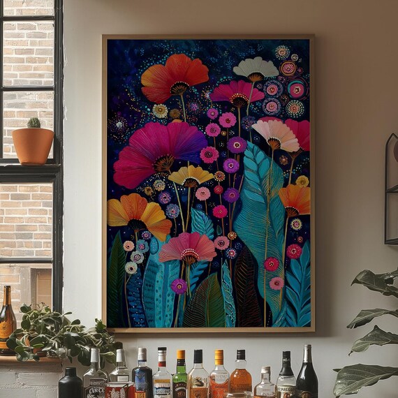 Midnight Garden Neon Blooms Dark Floral Botanical Art Poster