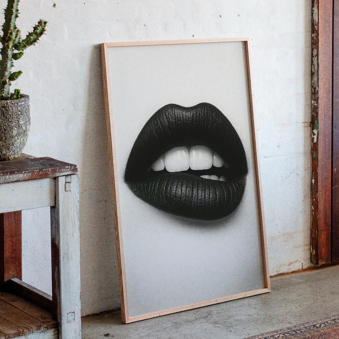 Bold Black Lips Wall Art Modern Minimalist Pop Glam Canvas For Edgy Bedroom Or Makeup Studio Decor