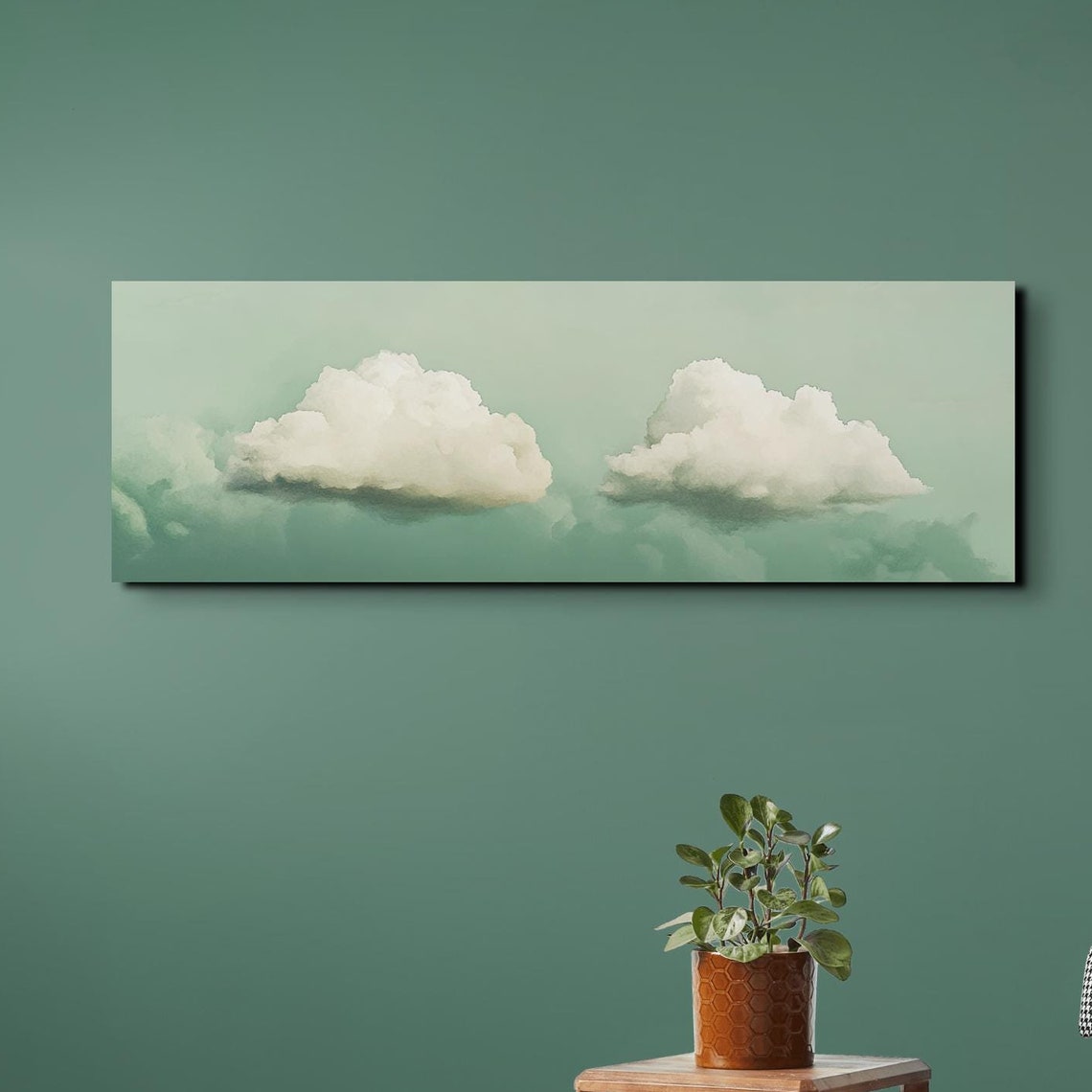 Two Soft Green Clouds on Mint Sky Calm Peaceful Cloudscape Art Poster