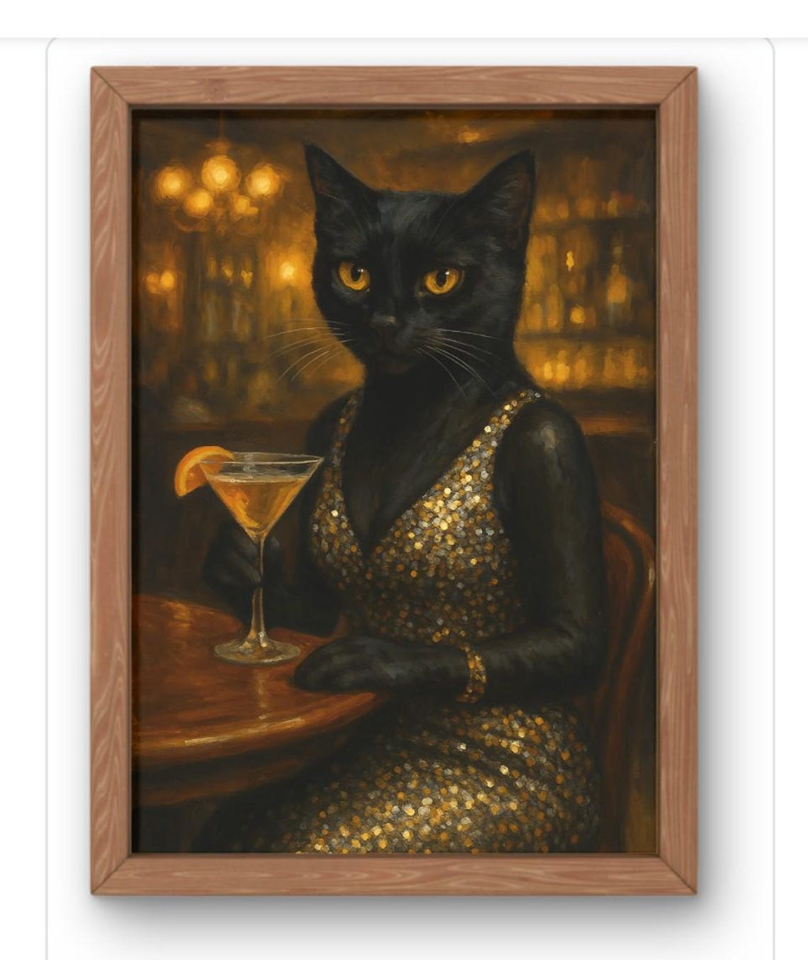 Black Cat in Gold Sequin Dress Cocktail Bar Glamorous Art Poster