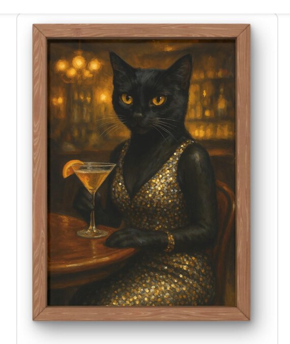 Black Cat in Gold Sequin Dress Cocktail Bar Glamorous Art Poster
