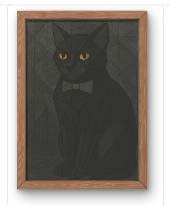 Geometric Black Cat Art Print Abstract Modern Feline Illustration Stylish With Bow Tie Wall Decor Available A5 A1
