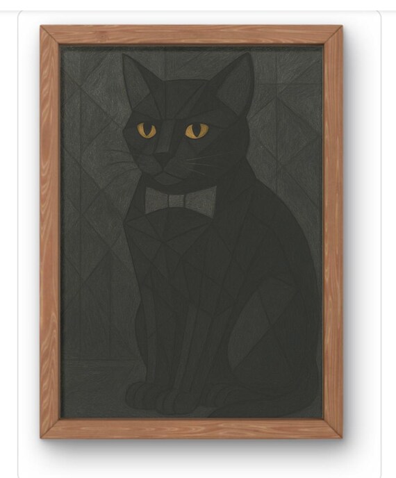 Geometric Black Cat Art Print With Cubist Bow Tie Feline Portrait