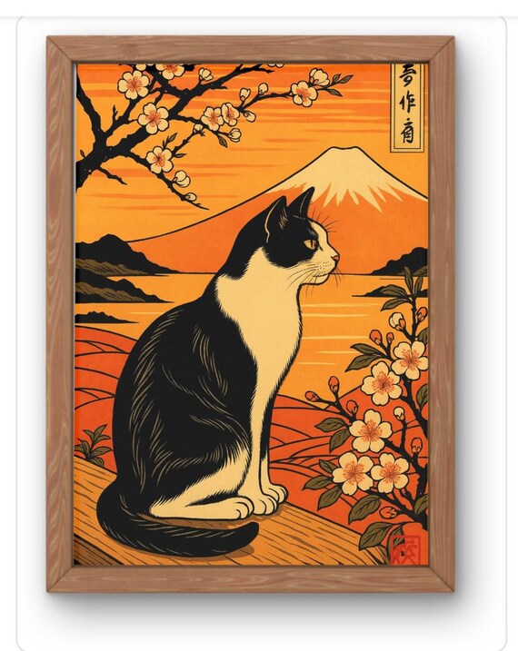 Tuxedo Cat Mount Fuji Sunset Ukiyoe Japanese Woodblock Art Poster