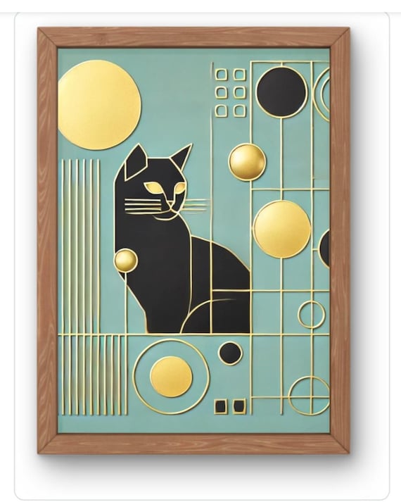 Black Cat Geometric Art Deco Gold Teal Abstract Feline Portrait Poster