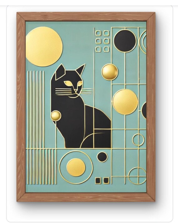 Modern Abstract Cat Art Print Minimalist Black On A Light Green Background With Gold Geometric Accents