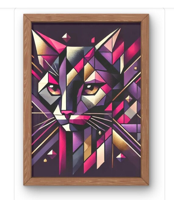 Geometric Cat Face Purple Pink Gold Art Deco Style Modern Feline Poster