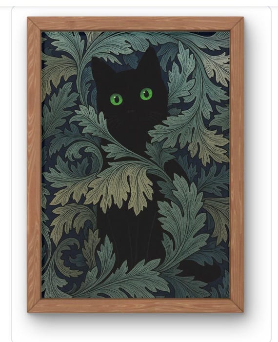 Black Cat Botanical Wall Art Green Eyed Print Dark Forest Poster Gothic Decor William Morris Inspire