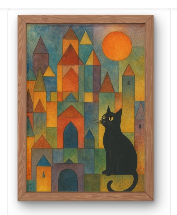 Paul Klee Style Black Cat Geometric Cityscape Sun Feline Art Poster