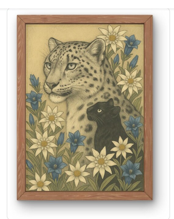 Leopard and Panther Among Daisies Vintage Botanical Art Print