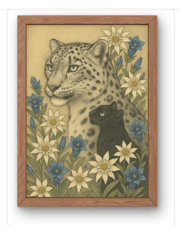 Leopard And Panther Floral Art Print Vintage Botanical Wild Cat Wall Decor Elegant Feline Illustration Available In A5 A1
