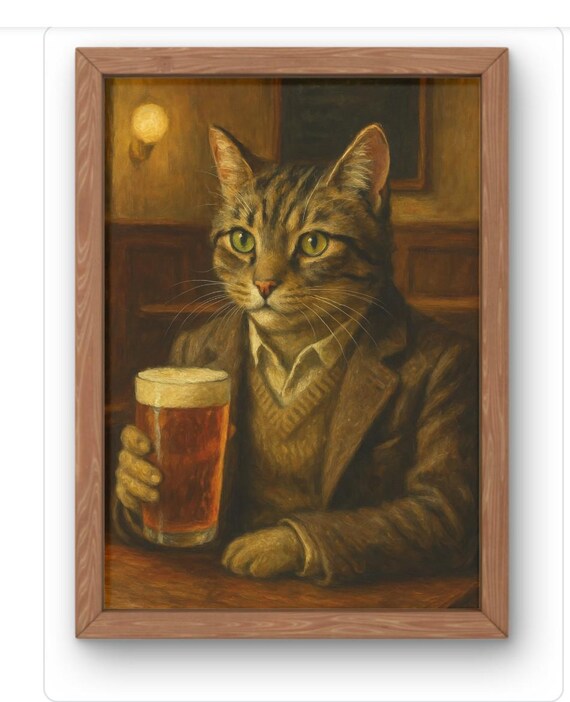 Tabby Cat Enjoying Beer Pub Portrait Whimsical British Style Poster