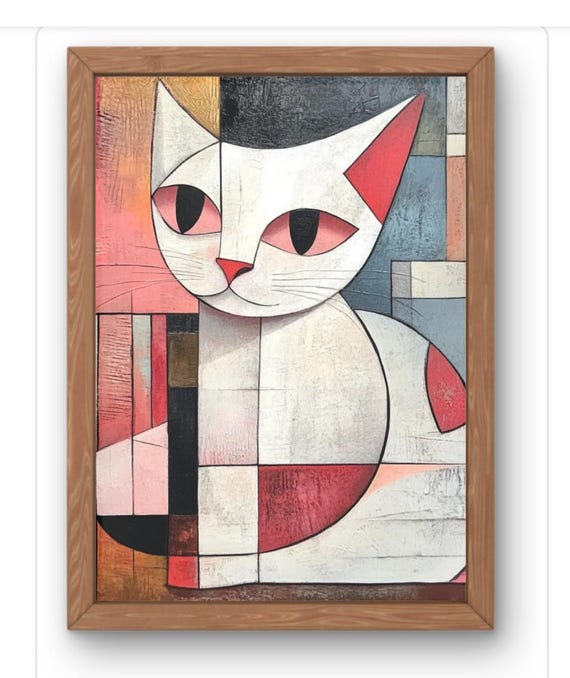 Cubist Cat Wall Art Print A Bstract Red And Pink Modern Feline Illustration Unique Picasso Inspired For Lovers Home Decor