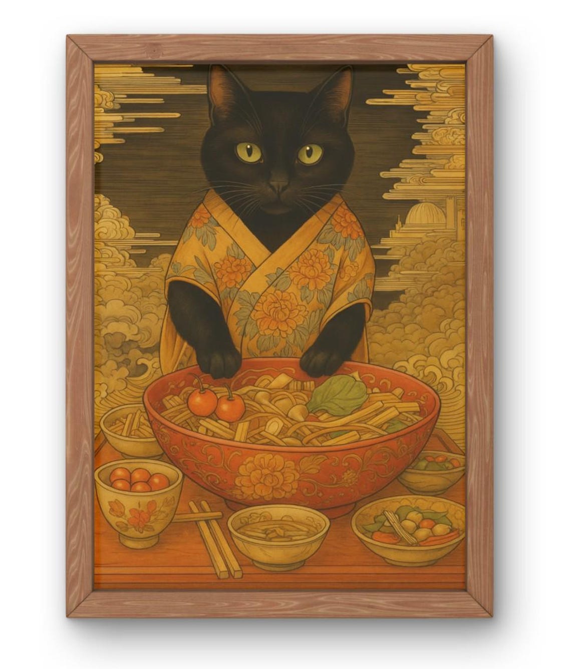Black Cat In Kimono Serving Ramen Bowl Japanese Food Art Poster