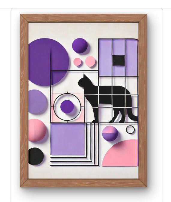Black Cat Silhouette Purple Pink Geometric Paper Cut Modern Art Poster
