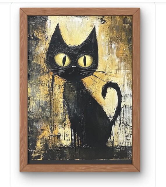Gothic Black Cat Wall Art Abstract Dripping Painting In Yellow And Spooky Poster For Halloween Or Dark Home Decor