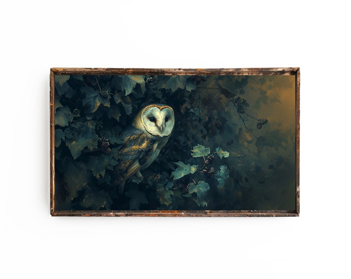 Vintage Owl In Ivy And Berry Vines Oil Painting Print Vintage Owl Wall Art Witchy Decor Dark Cottagecore Wall Art Vintage Owl Print