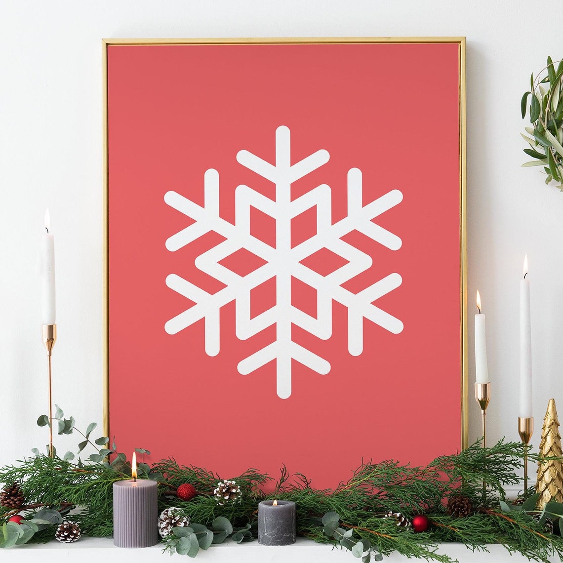 White Snowflake On Red Background Minimal Christmas Art Poster