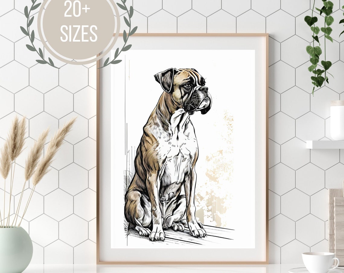 Boxer Dog Portrait Ink Illustration Seated Brindle Minimalist Poster