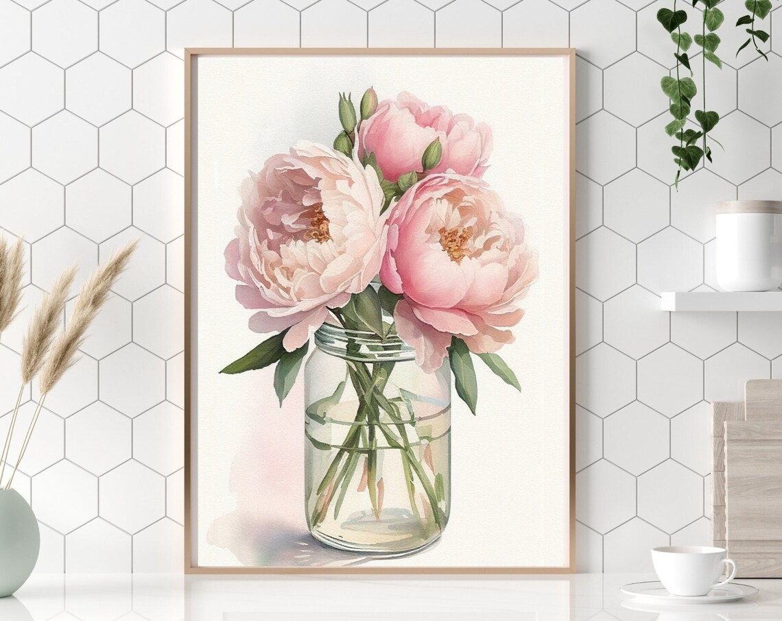 Pink Peonies in Glass Jar Watercolor Spring Floral Bouquet Painting Poster