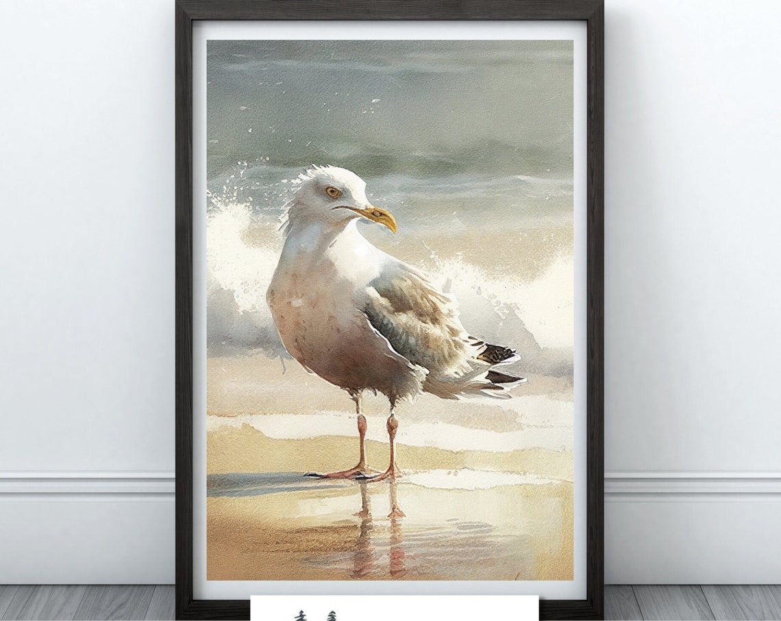 Seagull Standing Beach Watercolor Coastal Surf Bird Art Wall Poster - Image 4