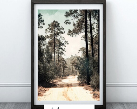 Vintage Pine Forest Dirt Road Painting Quiet Woodland Art Poster