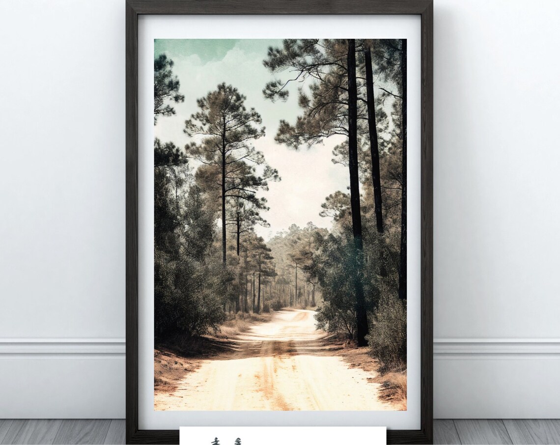 Vintage Pine Forest Dirt Road Painting Quiet Woodland Art Poster