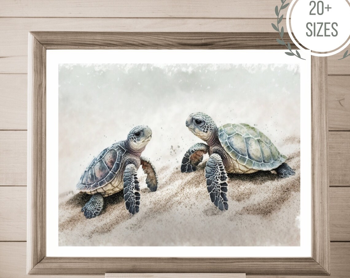 Two Baby Sea Turtles On Sand Watercolor Hatchling Ocean Art Poster - Image 4