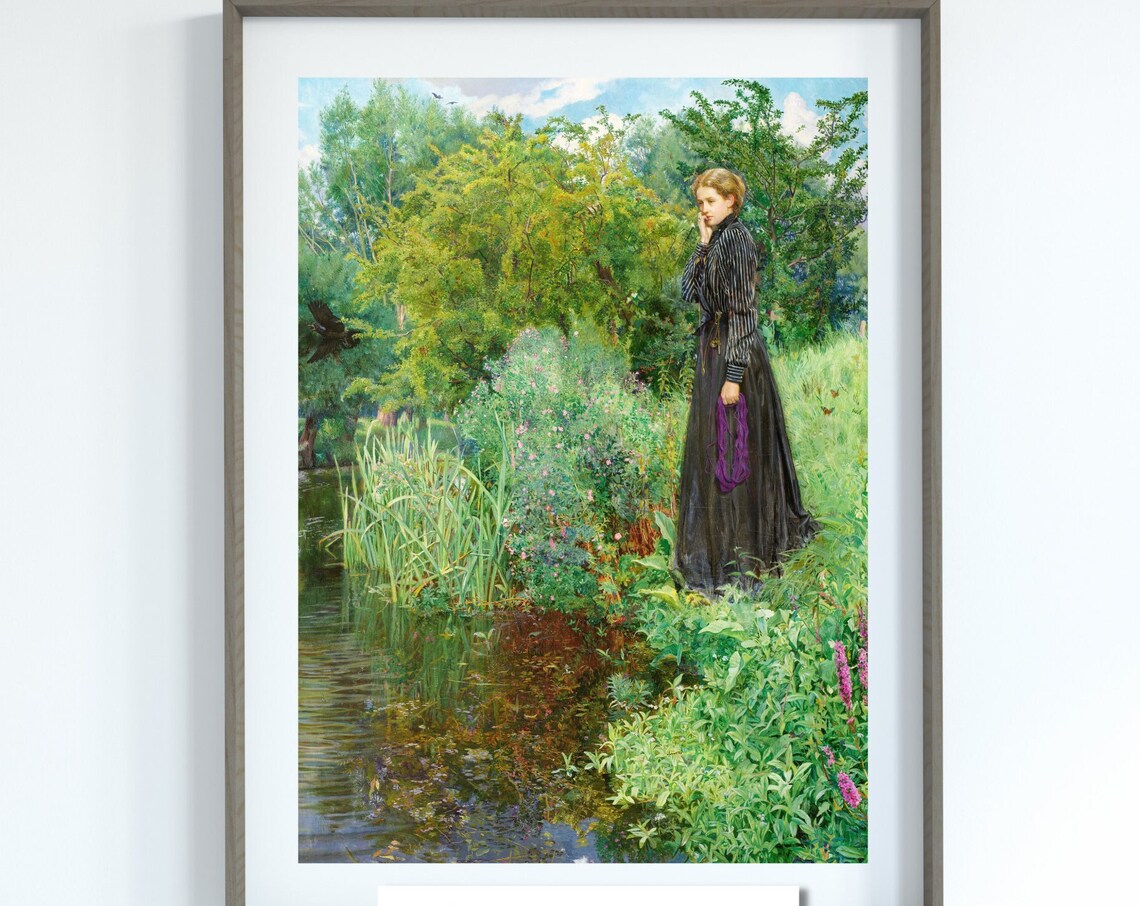 Victorian Lady By The Pond Woman In Garden Classic Painting Poster