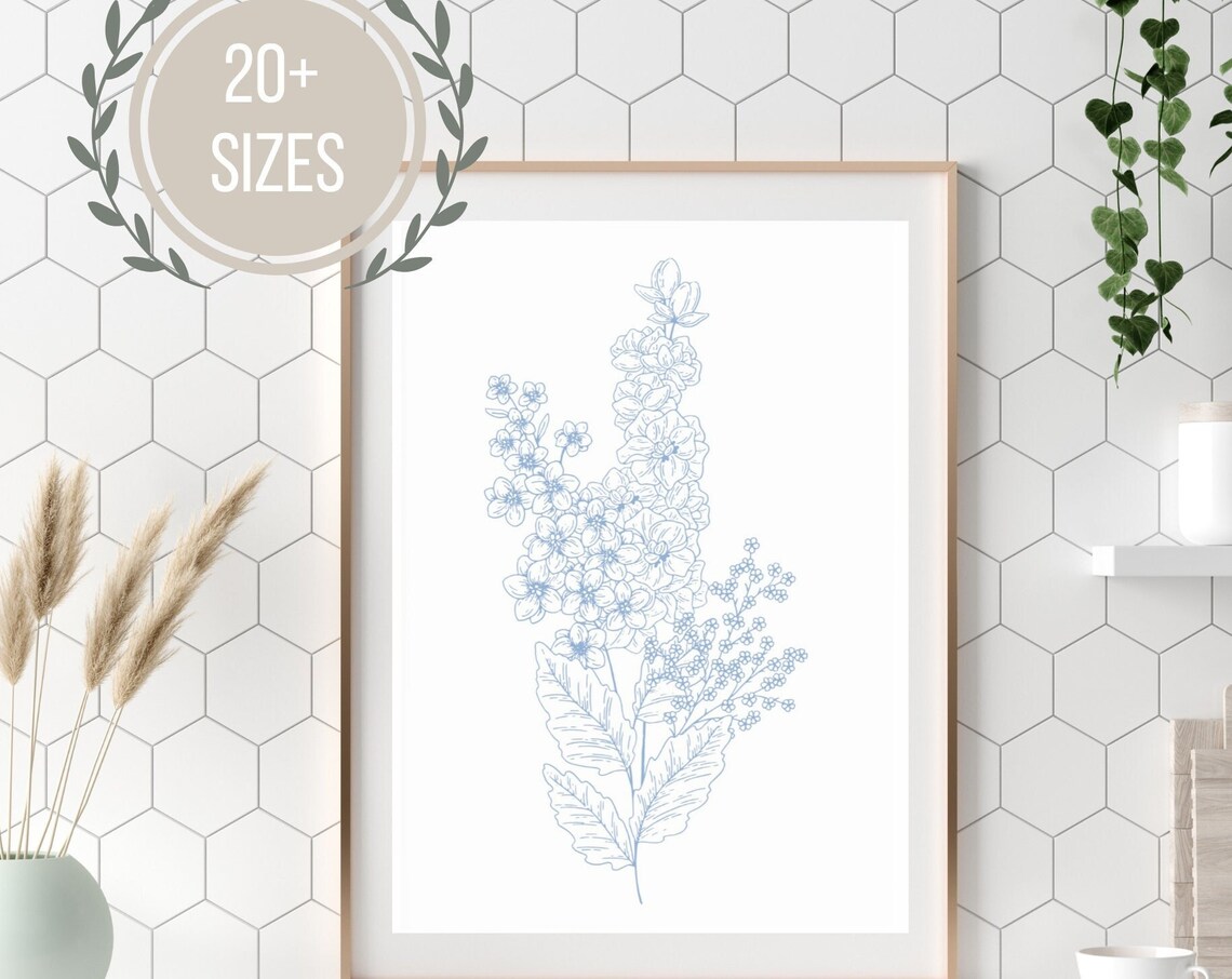 Blue Floral Bouquet Line Drawing Minimalist Botanical Art Poster