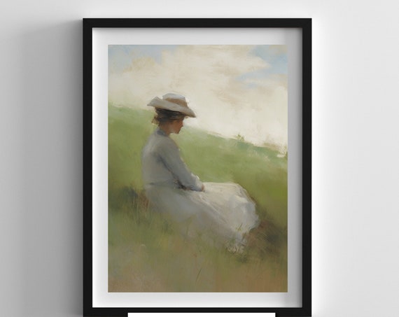 Prairie Thoughts Woman In Meadow Impressionist Portrait Painting Wall Art Vintage Western Style Nature Decor