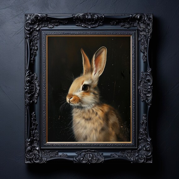 Bunny Rabbit Dark Academia Oil Painting Poster Ornate Frame Art