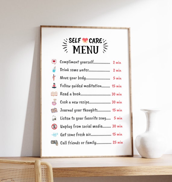 Self Care Menu Art Print, Mental Health Awareness