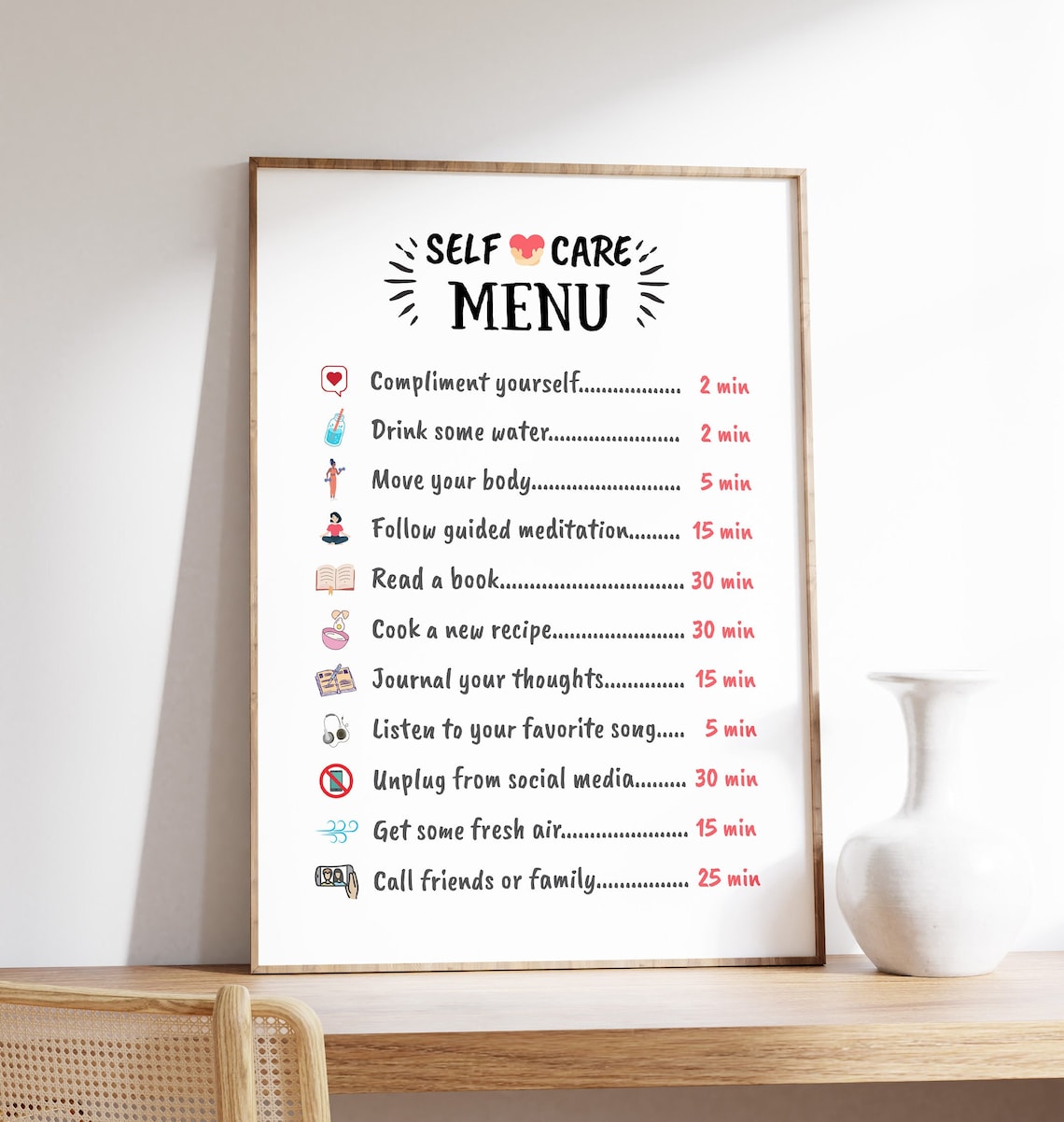 Self Care Menu Art Print, Mental Health Awareness