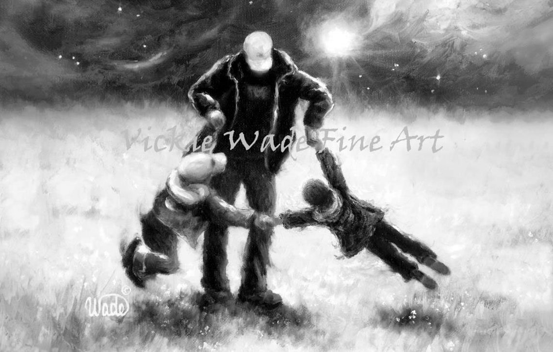 Father Twirling Two Sons Around Under a Glowing Night Sky Poster